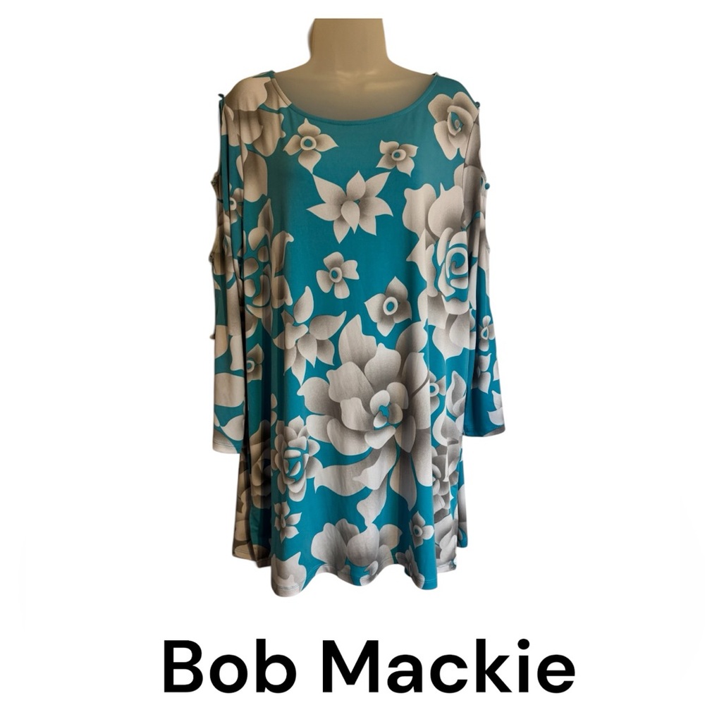 Bob Mackie Teal Floral Cold-Shoulder Sleeve Detail  Tunic Top   XLARGE     #A